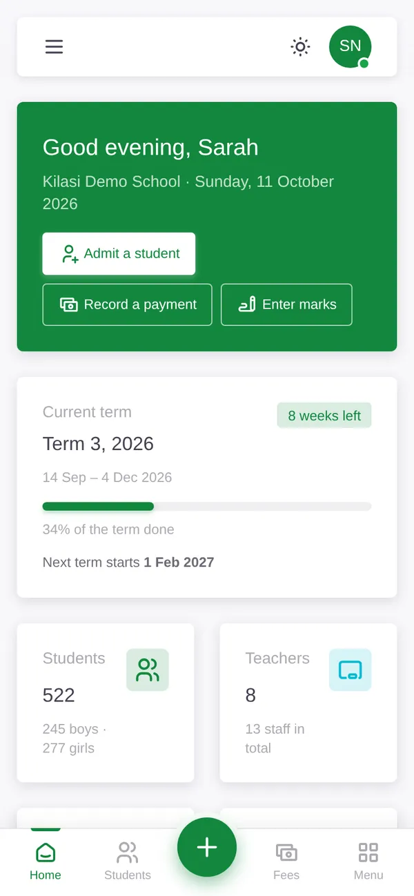 Head teacher dashboard in the Kilasi app
