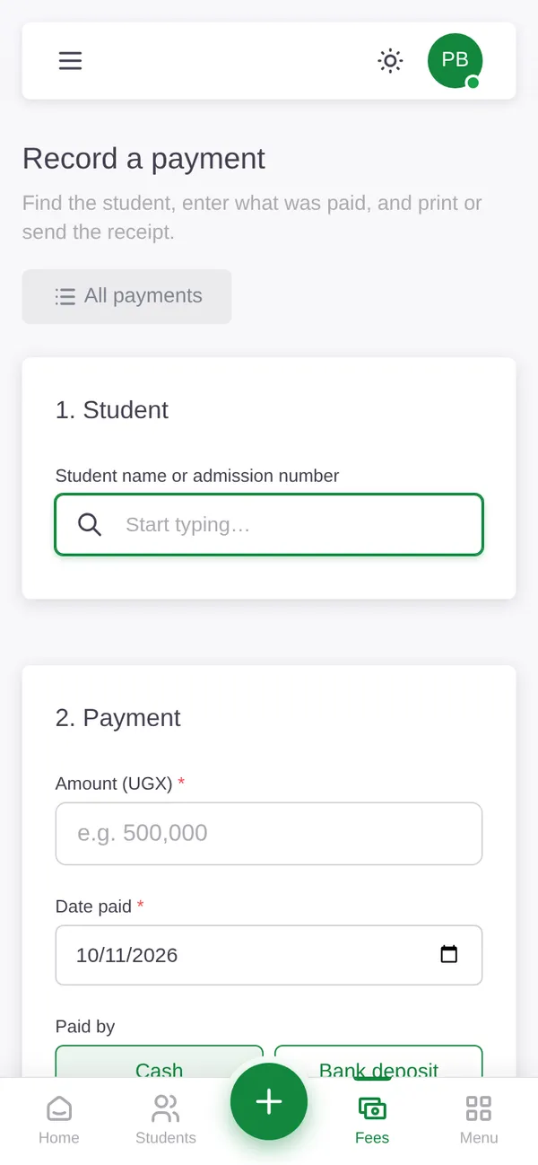 Recording a fees payment in the Kilasi app