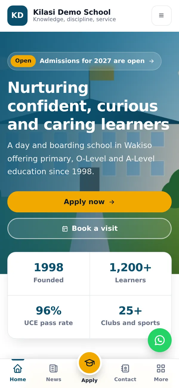 The school website on a phone, with a bottom menu
