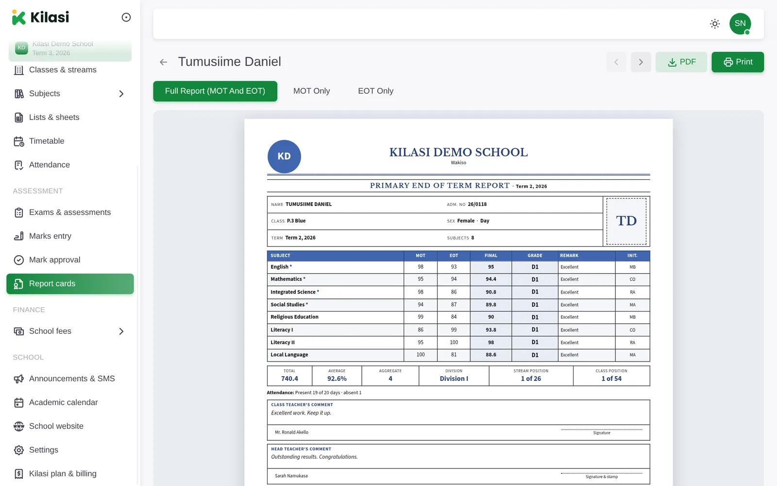 Report cards in Kilasi